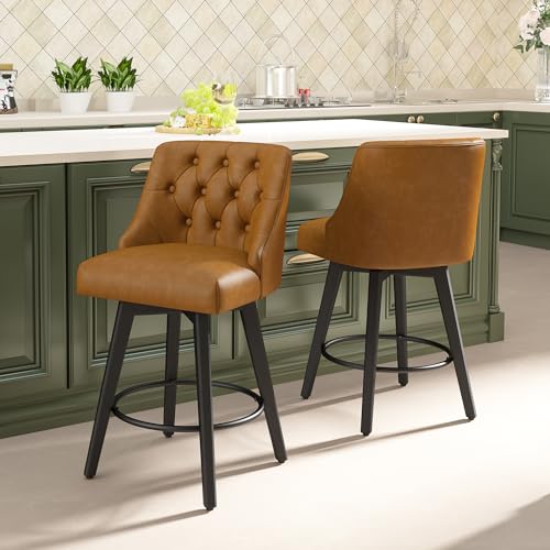Image of Counter Height Swivel Bar Stools Set of 2, 26 inch H Seat Height Upholstered Fabric Counter Stools with Back for Kitchen Island, Faux Leather in Rustic Brown