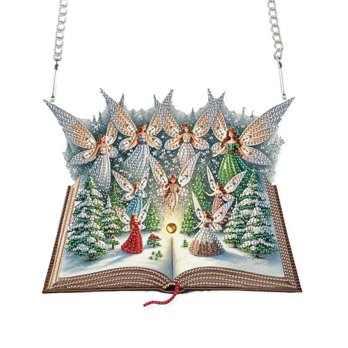 Image of DIY Large Christmas Diamond Art Hanging Kits for Adults, 24.1 x 20.4 cm | Magic Book with Elf and Snowy Forest Design, Crystal Diamond Painting Suncatchers, For Window, Door & Wall Ornaments