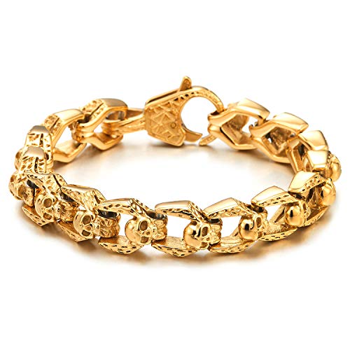 COOLSTEELANDBEYOND Biker Bracelet Gothic Skull Stainless Steel Gold Color Bracelet for Men Vintage