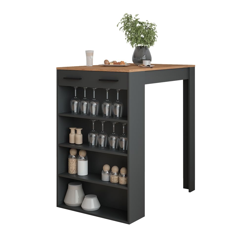 Vicco tavolo bar alto Repose, Rovere dorato/antracite, 67 x 100 cm, per l'utilizzo come tavolo alto con ripiani regolabili