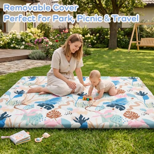 Image of 1.6 inch Thick Baby Play Mat, 71x59 Removable & Machine Washable Cover | Padded Memory Foam, Non-Slip Backing, 100% Baby-Safe Materials, Tummy Time Crawling, Outdoor, Bedroom, Living Room, Nursery