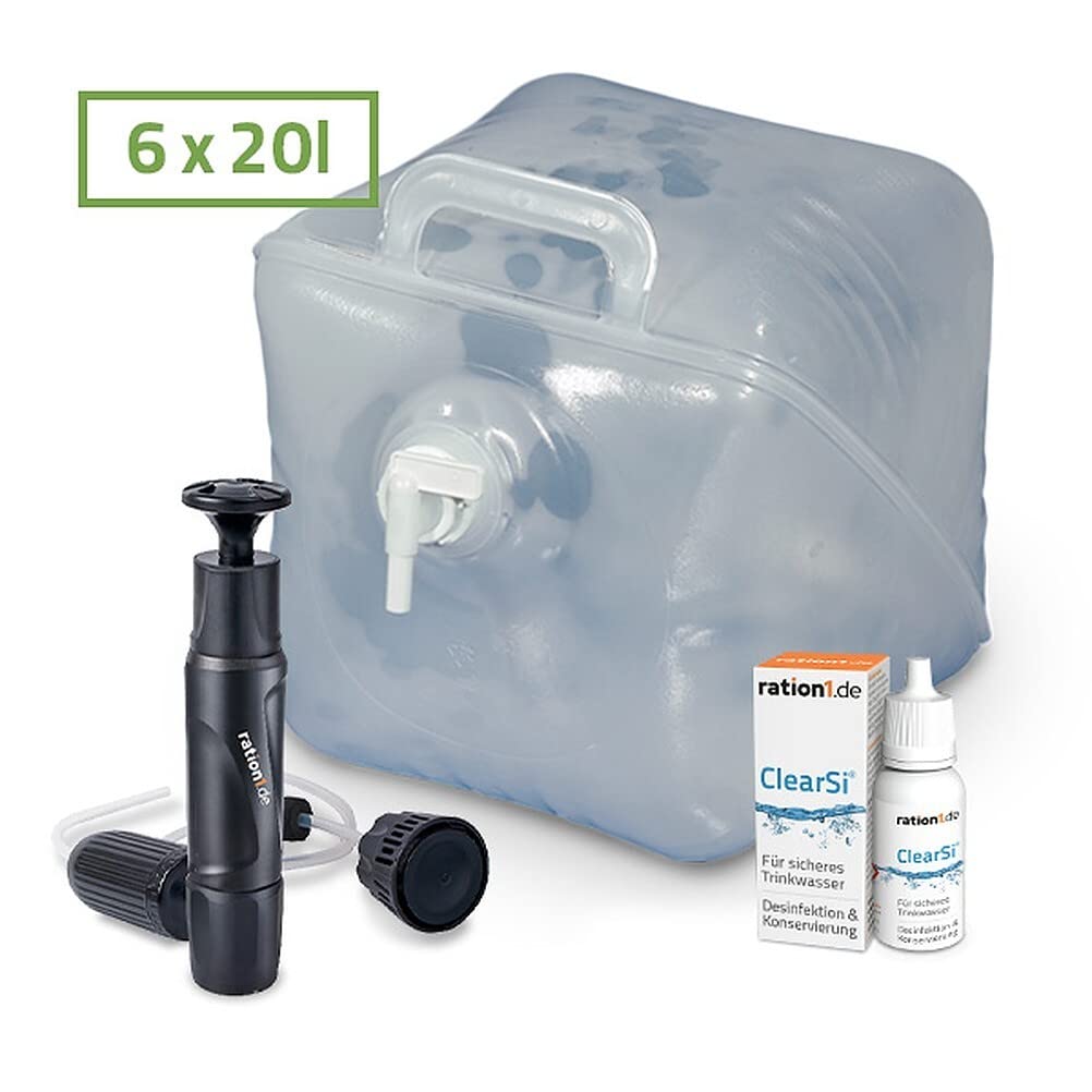 ration1 Wasserfilter, ClearSi Wasseraufbereitung 12ml, 5X Faltkanister 20L | Wasserkanister faltbar, tragbar, lebensmittelecht, BPA frei, 120 Liter Trinkwasser filtern, desinfizieren, konservieren