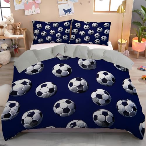 Bleu Marine Disposez Les Ballons De Football Print Parure De Lit 220X240Cm Ensembles De Housse De Couette Avec Taies D'Oreiller 3D Sports Actifs Housse De Couette Room Decor Pour Adultes Enfants