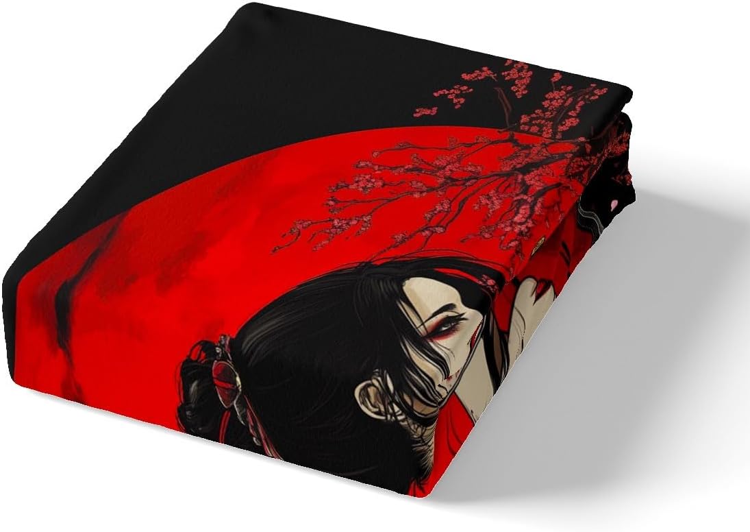 Japanese Woman Bed Sheets Twin Size,Japanese Samurai Theme Bedding Set,Vintage Ukiyoe Style Fitted Sheet for Kids Girls Boys Adult Room Decor,Exotic Traditional Red Black Top Flat Sheet 3Pcs