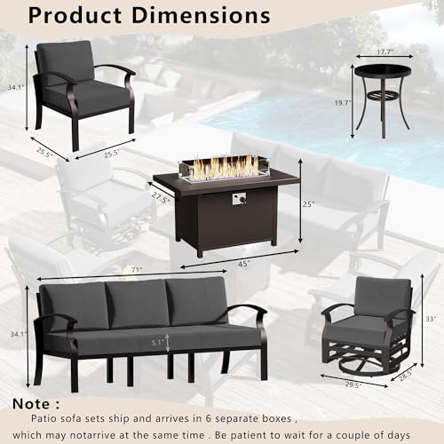 Image of Patio Furniture Set 10 Seats Aluminum Armrest Sofa, Modern Outdoor Living Room Set with 55000 BTU Propane Aluminum Fireplace, Outdoor Rotary Joystick with Thick Cushion - Grey