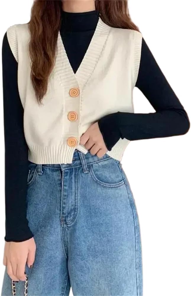 LIXINGHEITANG White Winter Button Knitted Top for Women Short Yellow Ladies Sweaters Black Vest V-neck