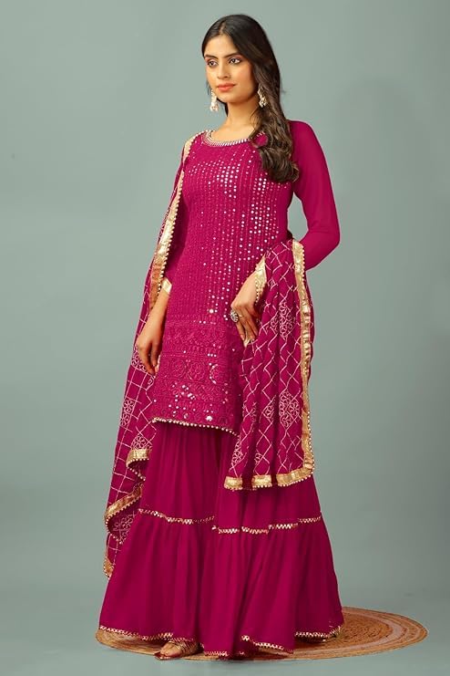 Image of Women's Designer Chinon Silk Sharara Suit Set, Sequence Embroidery Kurti with Tiered Sharara and Dupatta