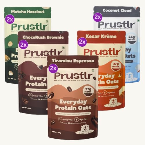 Image of Prustlr Protein Oats, Pack of 10-600g | 27g Protein (with Added Milk) | Assorted Flavours | Instant Breakfast Cereal | Sweetened with MonkFruit | Oatmeal | Overnight Oats