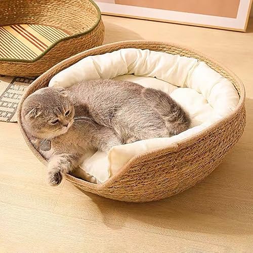 Rattan Katzenbett, 35cm Rund Katzenkorb, Handgefertigter Rattankorb Mit Baumwolle Kissen Plüsch, Für Alle Jahreszeiten