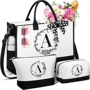 Personalized Christmas Gifts for Women, Initial Canvas Tote Bag & Makeup Bags Monogrammed Beach Tote Bag for Women w/Zipper, Birthday Gifts for Women Her Mom Sister Friend Daughter Girlfriend Teacher