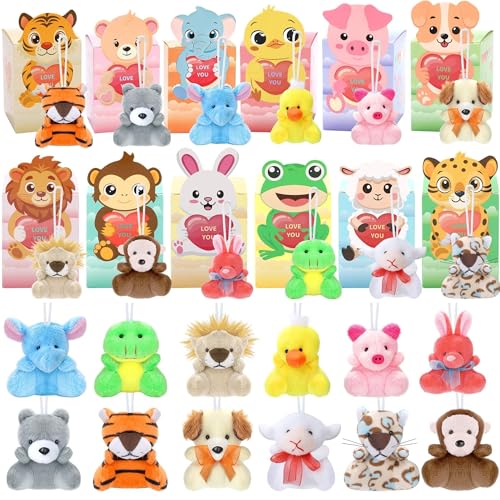 MOVING EARS 24 Pack Valentines Day Gifts Small Stuffed Animals Assorted Card Boxes Mini Animal Toys Keychains Bulk for Birthday Classroom Exchange...