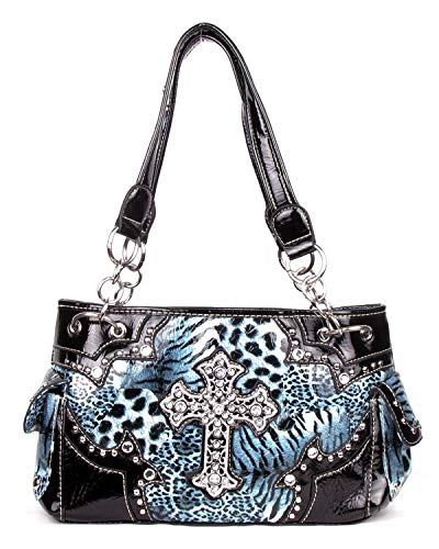 Western Cross Leopard Handbag Rhinestone Pocket Purse With Matching Wallet (BLUE)2
