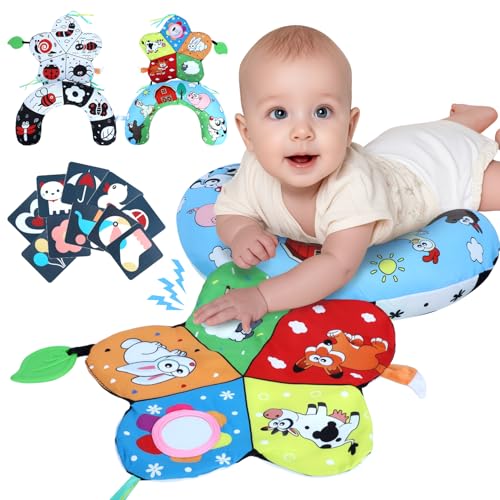 Image of Tummy Time Pillow, High Contrast Tummy Time Mat with Black & White Flash Cards, Double-Sided Tummy Time Cushion with Mirror & Teether Sensory Toys, Baby Toys for Infant Newborn 0-12 Months Babies