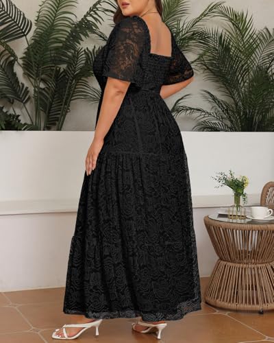 Image of Plus Size Wedding Dress Bride Boho Lace Formal Square Neck Ruffle Sleeves Long Dresses for Curvy Women