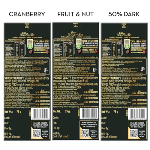 Image of Cadbury Bournville 50% Dark Chocolate Bars Combo (2 x Rich Cocoa 75 g, 2 x Fruit & Nut 75 g, 2 x Cranberry 78 g)