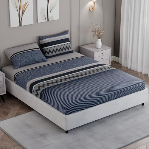Image of BLISSHOME SoftTouch 150TC Cotton King Size Fitted Bedsheet with 2 Pillow Covers, Silky Smooth Bedding Set, Breathable, Easy Maintain, Geometric Pattern - Navy (183cm x 198cm + 25cm Drop)