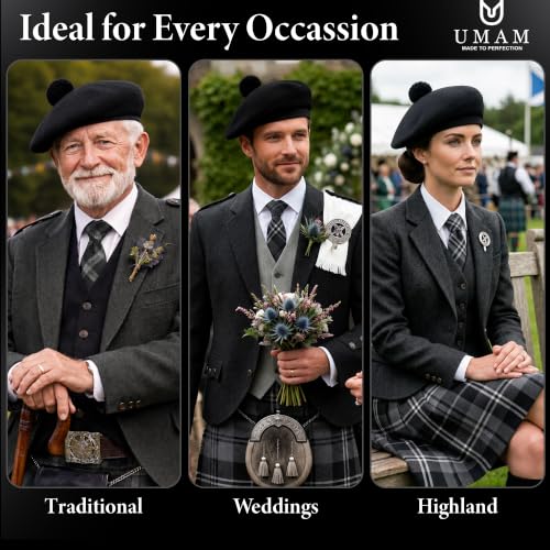 Image of Scottish Tam O' Shanter Hat Tartan Bonnet Pom Pom Wool Flat Cap One Size