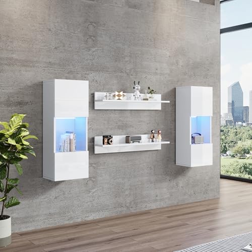 Merax Wohnwand 4-Teilig Set, Wohnwand Komplett-Set in Weiß Hochglanz, LED-Wandschrank und 2 Regale, Vitrinen aus gehärtetem Glas, Moderne Anbauwand Schrankwand mit viel Stauraum für Ihr Wohnzimmer