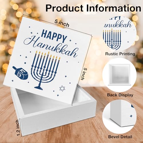 Image of Hanukkah Decor, Happy Hanukkah Wood Box Sign, Jewish Home Office Decorations for Desk Table Shelf 5 X 5 Inches