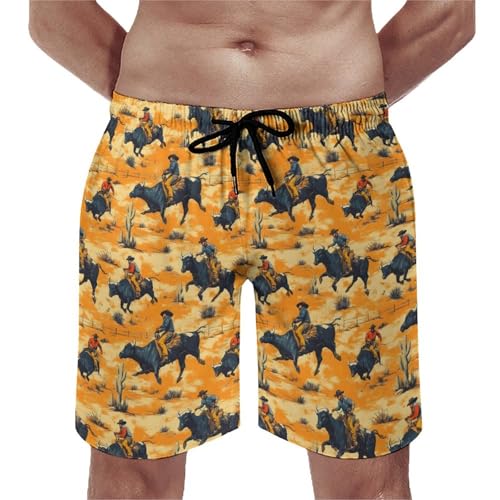 Mens Swim Trunks, Western Cowboys Riding Bulls Print Swim Shorts with Mesh Lining Swimwear Bathing Suits Quick Dry