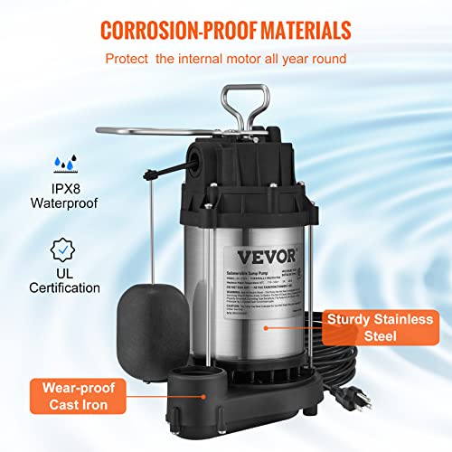 Vevor 1/2 Hp Sewage Pump, 4320 Gph, Cast Iron And Steel Submersible Sump Pump, 1-1/2" Npt Discharge With 10 Ft Cord, Automatic Float Switch With Piggy-Back Plug, For Indoor&Outdoor Water Drain #TOP3