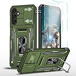 YmhxcY For Samsung Galaxy A14 5G Case, With 2*PET Screen Protector, With Slide Camera Cover，Military Grade Protective Case,360° Rotate Metal Stand For Samsung Galaxy A14 5G-Olive Green