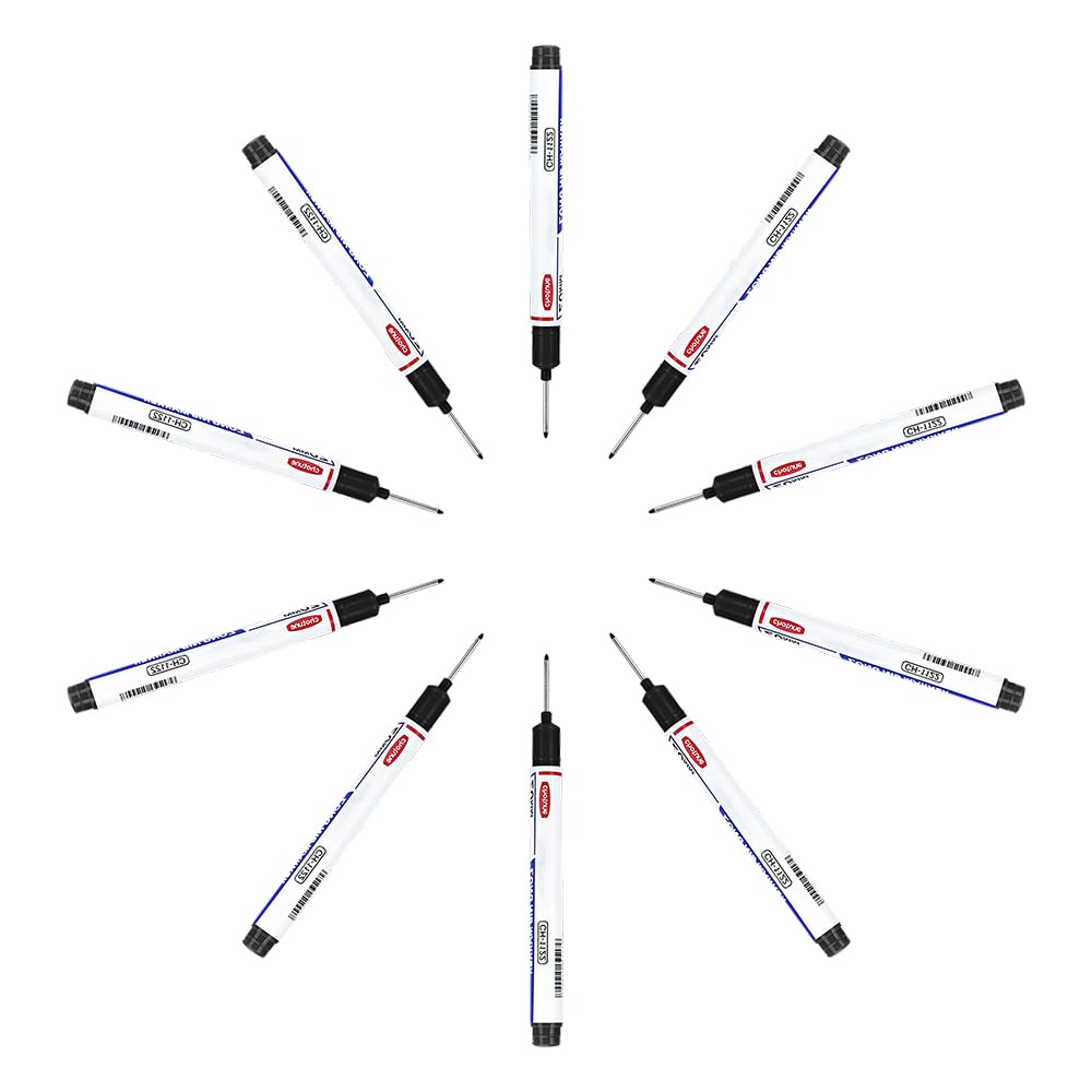 10pcs Long Head Deep Hole Marker Pens, Waterproof Construction Markers for Woodworking, Metal, Bathroom, 20mm Deep Reach Permanent Ink Markers,