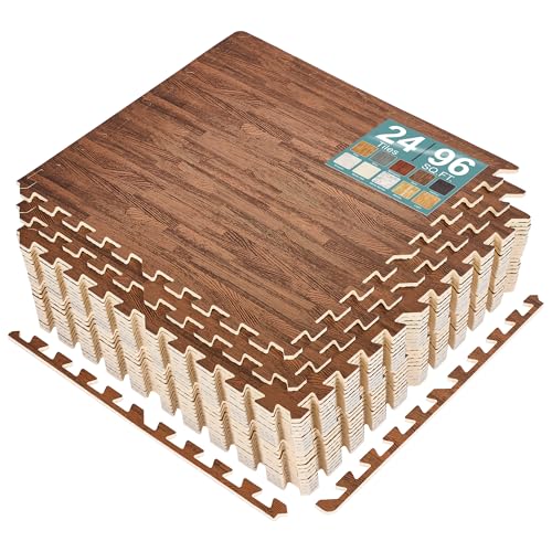 Sorbus 96 Sq. Ft. Wood Grain Floor Tiles Foam Mat EVA Interlocking Mats Tile 3/8-Inch Thick Flooring Wood Puzzle Exercise Mats w/Borders - Home Playroom Basement, Apartment, Trade Show, Baby, Dance