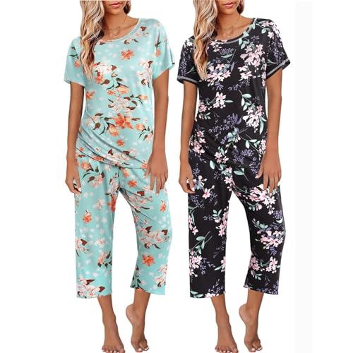 Lot-De-2-Pjs-Pyjama-Femme-Ete-Pas-Cher-Sleepwear-Top-A-Manches-Courtes-Et-34-Pantacourt-34-Ensemble-Pyjama-Femme-Sexy-Chic-Printemps-Ete-Fluide-Pyjama-Pas-Cher-Vetement-De-Nuit