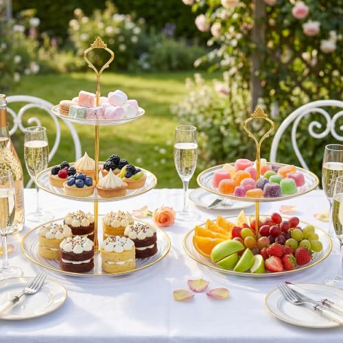 Image of Goaste 3 Pack 3 Tier Cupcake Stand, Clear Plastic Round Tiered Serving Stand with Gold Rim, Reusable Dessert Pastry Tower Tray, Candy Buffet Holder for Wedding Birthday Baby Shower Tea Party Decor