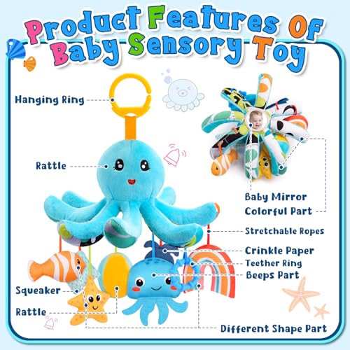 HappyKidsClub Plüsch Oktopus Baby Spielzeug 0-18 Monate – mit 8 hängenden Sensory-Spielzeugen & Spiegel– Baby Montessori Motorikspielzeug für Kinderwagen, Kinderbett (waschbar, Bio-Baumwolle)