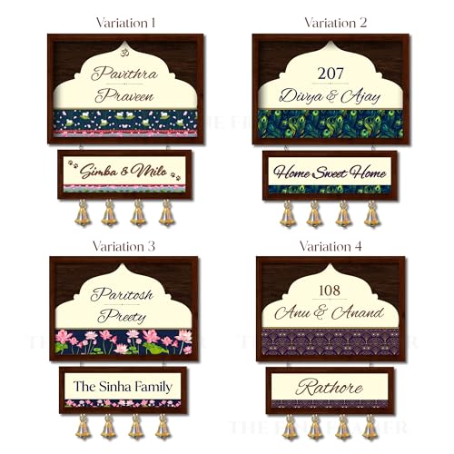 Image of Customised Name Plate for Home Entrance | Wooden Door Name Plate with Brass color Bell & Matte Finish for Home Decor | Personalized with Name & Apartment Number | Two layer Name plate | 10x14 inch | Housewarming Gift (TEAK BROWN)