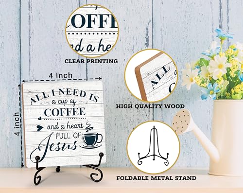 Image of Coffee Bar Desk Decor, All I Need Is A Cup Of Coffee Wooden Plaque Sign With Iron Stand, Christian Decorations For Home Office, Rustic Wood Signs for Kitchen Cafe Bar -34