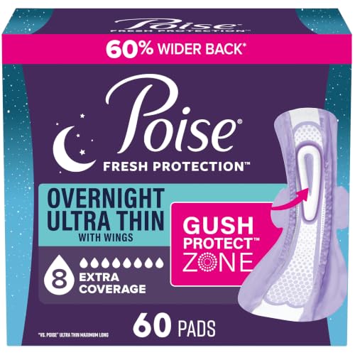 Image of Poise Overnight Ultra Thin Incontinence & Postpartum Pads with Wings for Bladder Leaks, 8 Drop Extra Absorbent, Long Length, 60 Count