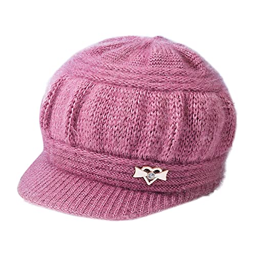 IQYU Casquette pour Enfant avec Perles - Bonnet d'Hiver Chaud en Laine avec Visière et Protection de la Nuque - Pour Ski et Bain - Rose, Taille Unique