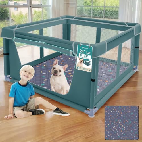 Image of XVISHX 42x42 Inches Puppy Playpen with Dog Pads, Dog Playpen for Puppies or Small Dogs, Pet Playpen for Indoor & Outdoor, Thickened Fabric, High-Strength Nylon Wire Mesh, Bluish Green