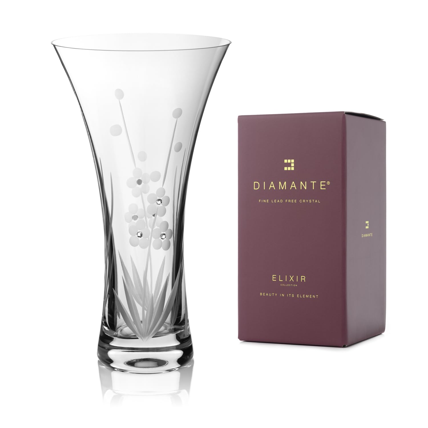 Diamante Clear Swarovski 'Marigold' Vase - Hand Cut Flowers Floral Pattern Trumpet Crystal Vase With Swarovski Crystals - 25Cm Gift Boxed