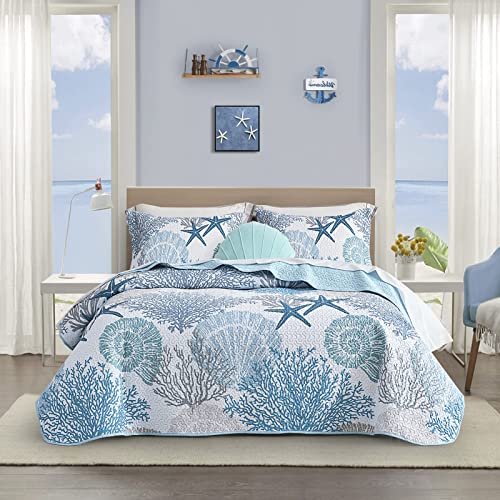 Tritard 3 Piece Coastal Quilt Sets King Size - Reversible Microfiber Quilts With 2 Shams Soft Lightweight Beach Bedding Nautical Bedspread Coverlet Summer Comforter Set For All Season, 96''X106'' #TOP3
