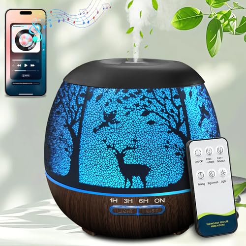 Essential Oil Diffuser for Bedroom 400ml Bluetooth,Diffusers for Home with R/C,Cool Mist Humidifier Large Room,Ultrasonic Scent Diffuser Waterless Auto Off,7 Colors Light & 3 Mist Modes for Desk Deer