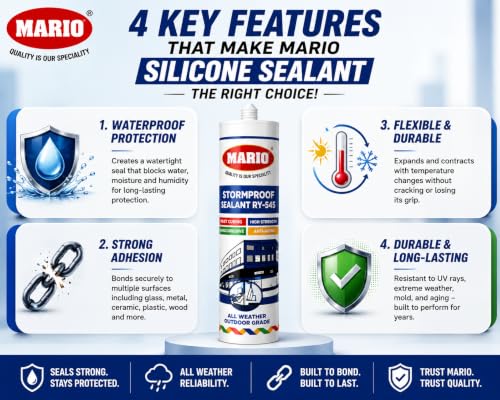 Image of Mario Black Waterproof Silicone Sealant - Heavy Duty Outdoor Grade Adhesive for Roof, Window & Bathroom, Fast Curing, Weatherproof, Crack Resistant
