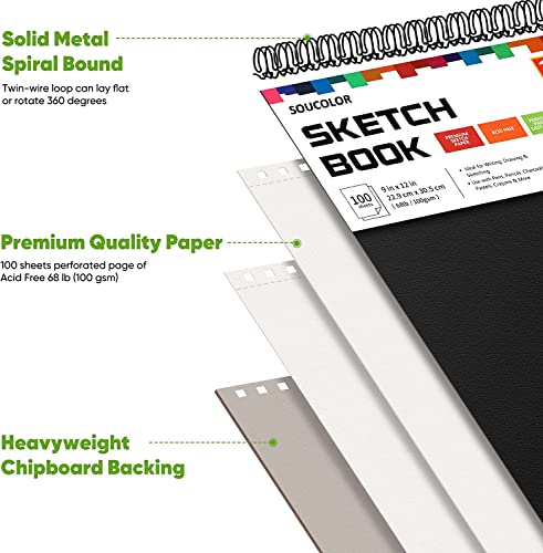 Image of Soucolor 2-Pack 9 inch x 12 inch Sketch Book, Spiral Bound for Kids Adults Artists | 200 Sheets 68lb /100gsm Paper Professional Drawing Supplies for Sketch, Charcoal, Colored, Graphite, Pastel Pencils & Sticks