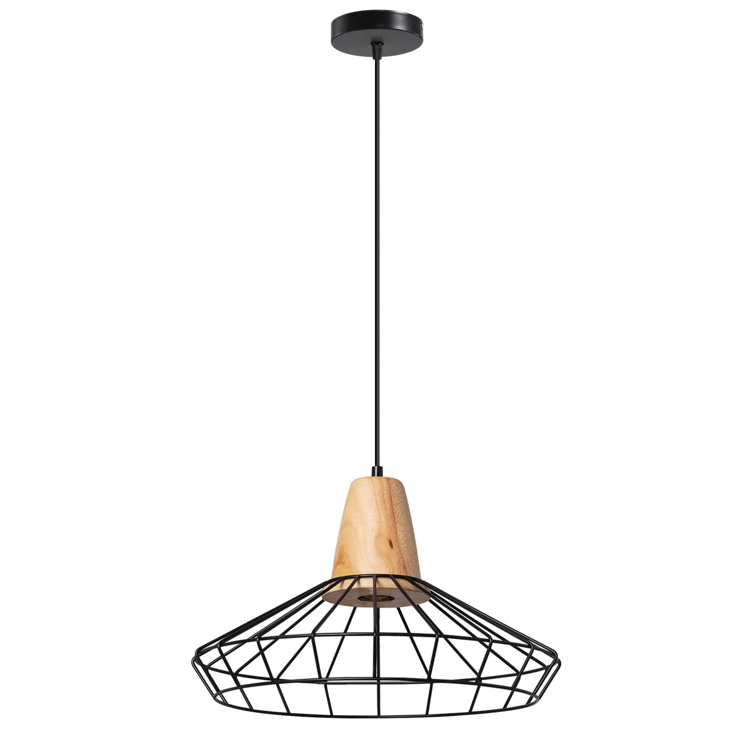 DC VOLTAGE Industrial Pendant Light with Wooden Top – Vintage 39cm Black Metal Cage Ceiling Light Fitting with Adjustable Height E27 Bulb Holder for Kitchen, Dining Room, Bar, Bedroom