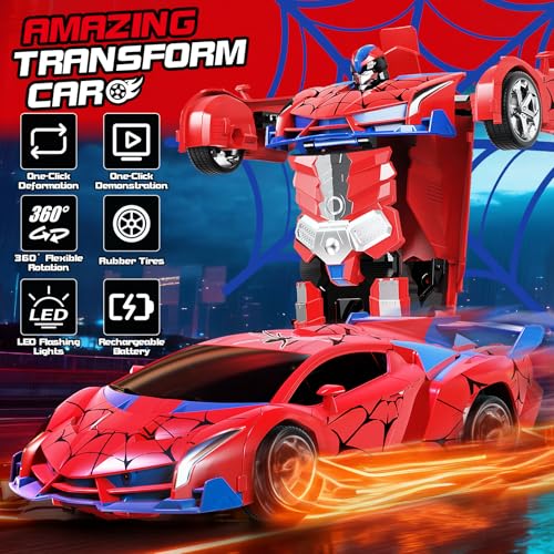 Image of 2-in-1 Transforming Robot Car, 1:18 Remote Control Car for Kids, One-Button Deformation RC Racing Car with LED Light & 360 Drifting, Rechargeable Toy Vehicle Birthday Gift Boys Girls Age 3 4 5 6 7 8+