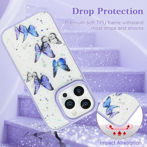 Image of VONZEE for iPhone 15 Pro Clear Glitter Butterfly Case, Cute Bling Sparkle Shiny Soft TPU Bumper Shockproof Women Girls Slim Protective Phone Cover for iPhone 15 Pro 6.1 inch,Purple