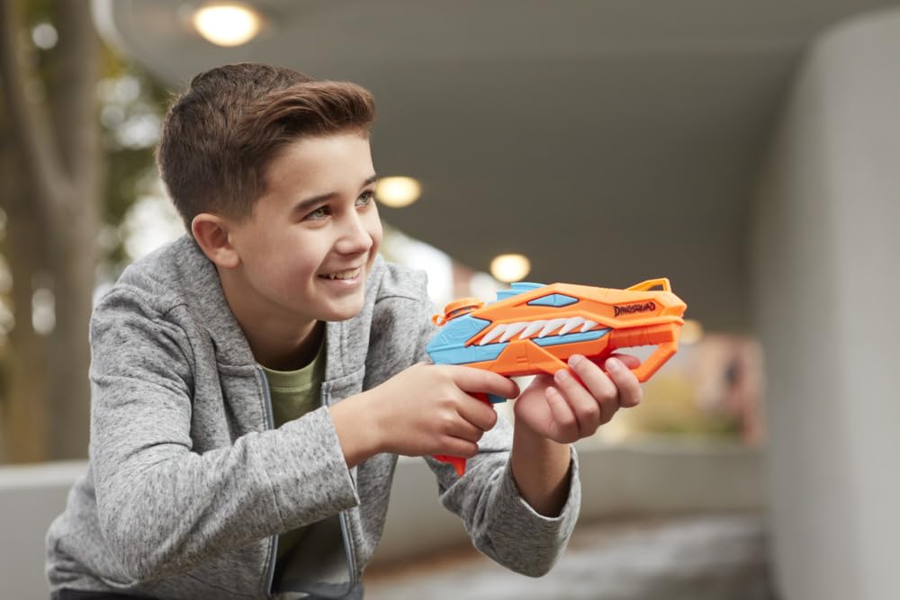 Super Soaker Dinosquad Raptor-Surge Nerf Wyrzutnia Strzałek, Niebieski/Pomarańczowy, Od 6 lat