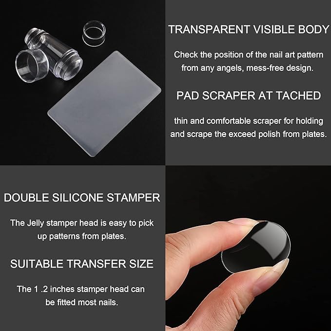 VIVALUXE Şeffaf Silikon Nail Art Stamper Seti, Jelly Nail Stamp, Scraper Kit, Kolay Konumlandırma için Şeffaf Tasarım, Tırnak Baskı Aleti, Nail Art Manikür Aracı, Jel ve Oje ile Uyumlu