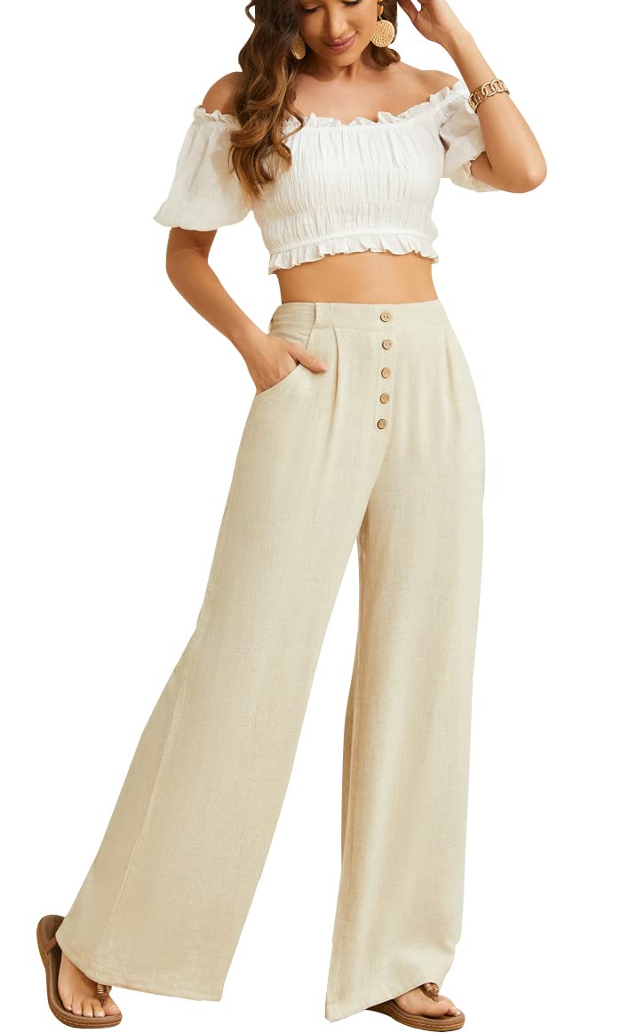 SVALIY Women Flowy Pants Cotton Linen Wide Leg Palazzo Pants Long Lounge Slacks High Waist Button Trousers Pocket