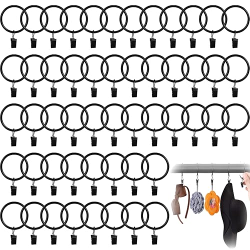 50 Pièces Anneaux Rideaux,Pince Rideau,Anneaux avec,avec Métal Pince, Robuste, Antirouille,pour Tringle À Rideaux(Noir)