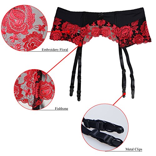 TVRtyle Women Red Embroidery Flower Metal Clasps Sexy Garter Belts for