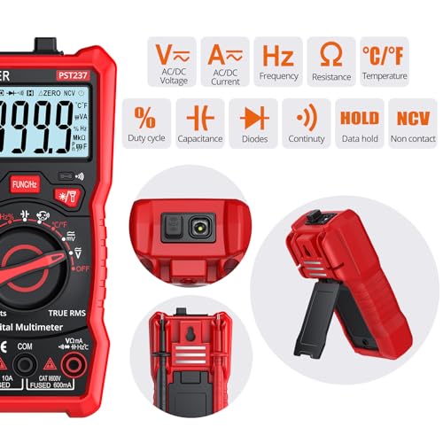 Image of Proster 6000 Counts TRMS Multimeter - NCV Auto-Range for AC /DC | Measures AC /DC V (600V), A (10A), R, C, Freq, Temp, Diode, Continuity. NCV Detector. Backlight Flashlight Magnet Stand